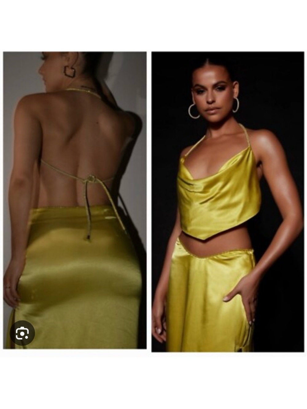 Meshki Lime Satin Cowl Halter Crop Top & Skirt Set